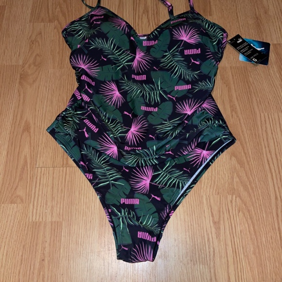 NWT Puma Black One Piece Swimsuit with Green and Pink Leaves Size Large - Picture 2 of 5